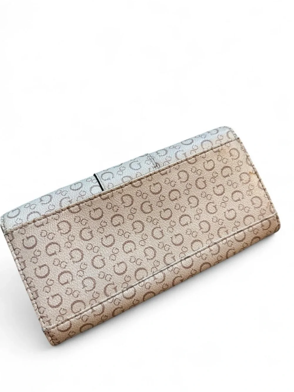 Guess Beige Monogram Fold-Over Wallet with Gold Logo